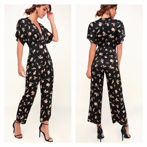 CAPULET | Black Floral Jumpsuit Remy Deep V Neck Short Sleeve Satin